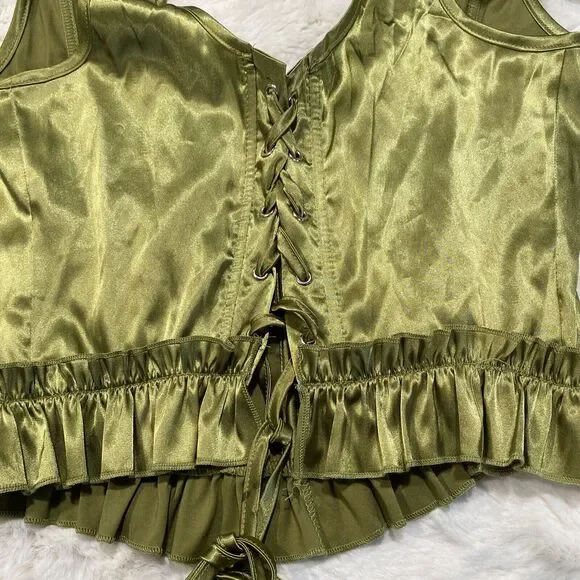 Ribbon Corset Top Medium Whimsical Satiny Chartreuse Lace Up Back Fairy - Picture 6 of 8